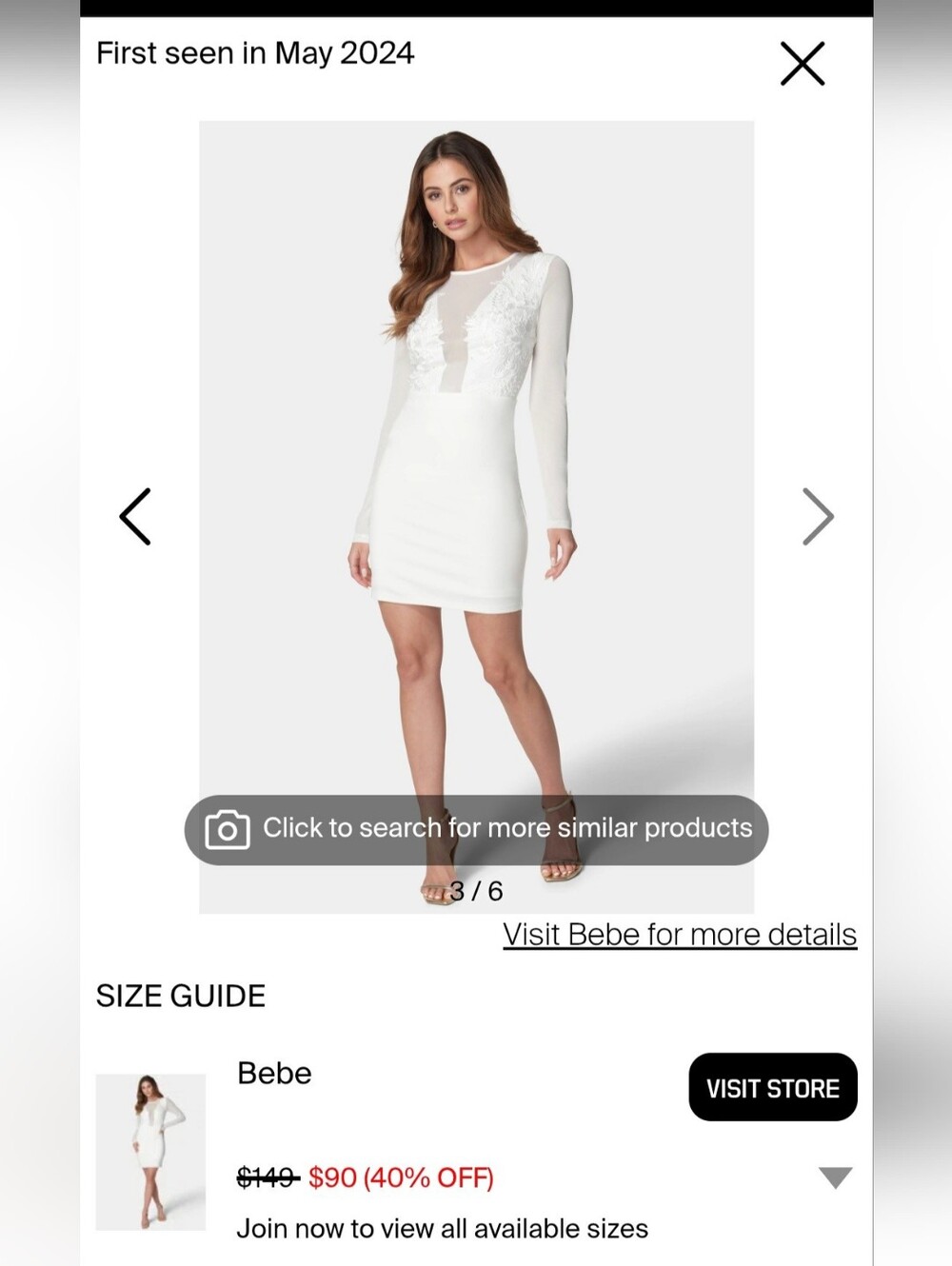 bebe white dress with illusion net fabric, size XXL